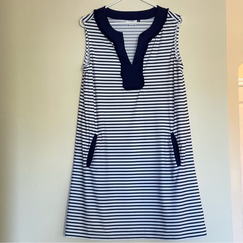 Cabana Life Fringe Sleeveless Tunic Dress Navy White Stripe Size L